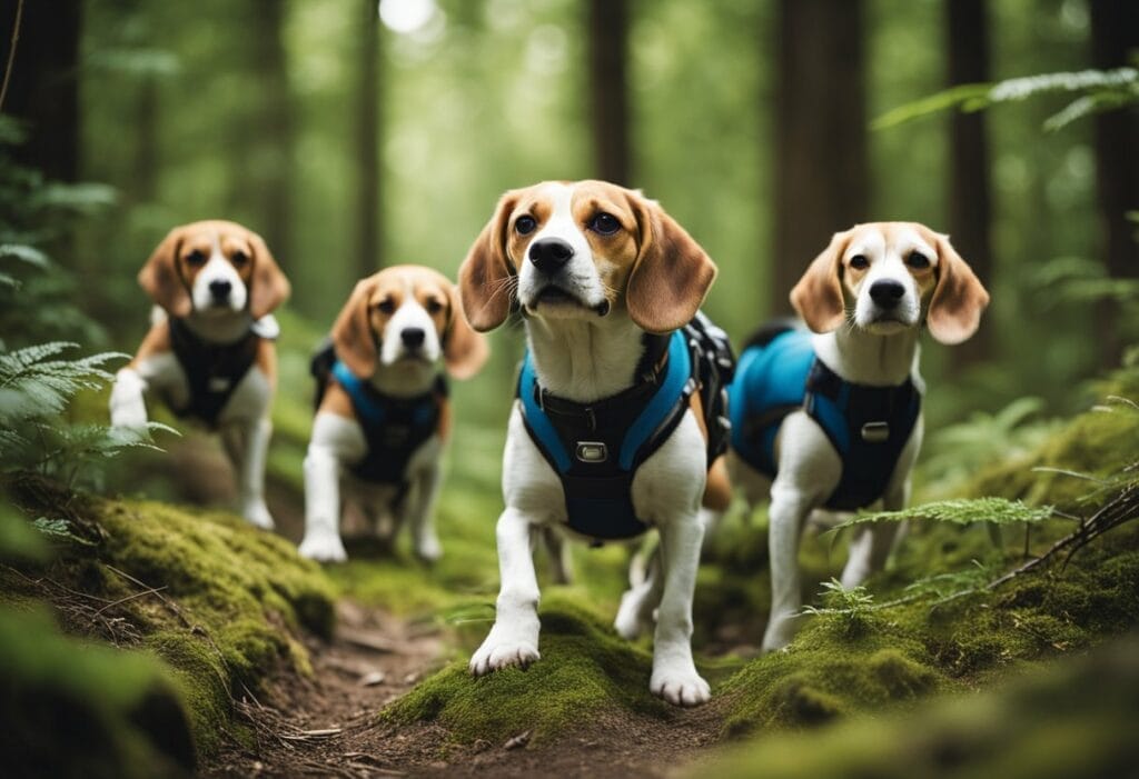 Fou Beagle walking on the woods.