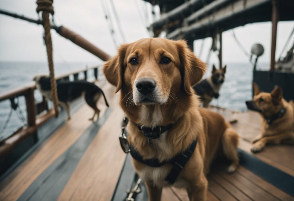 Four dogs on a boat deck