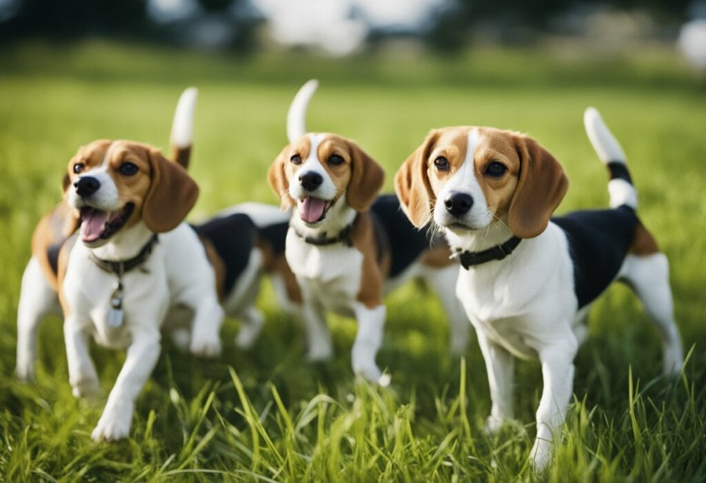 Happy beagles in the grass.