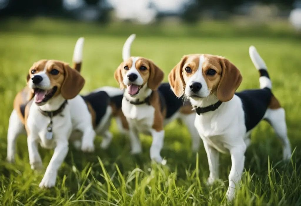Happy beagles in the grass.