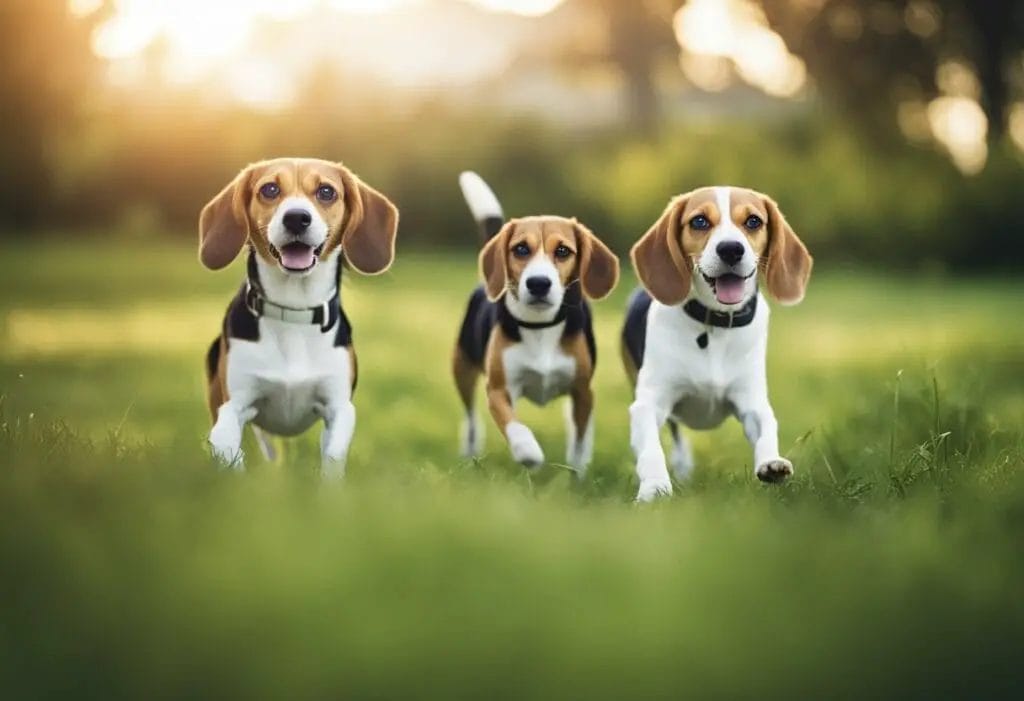 happy beagles running in the grass.