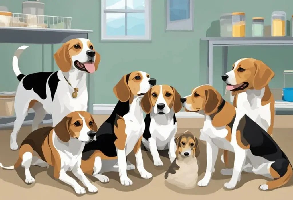 Illustration of Beagles in the kitchen.