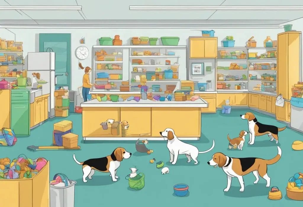 Illustration of Beagles playing with toys.