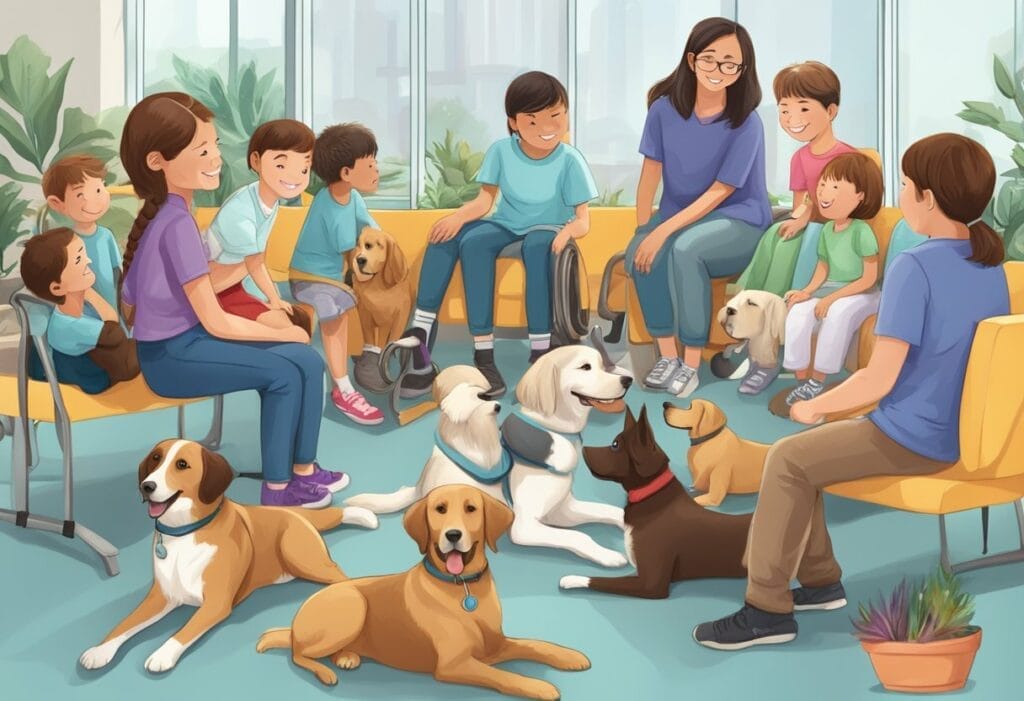 Illustration of children around dogs.