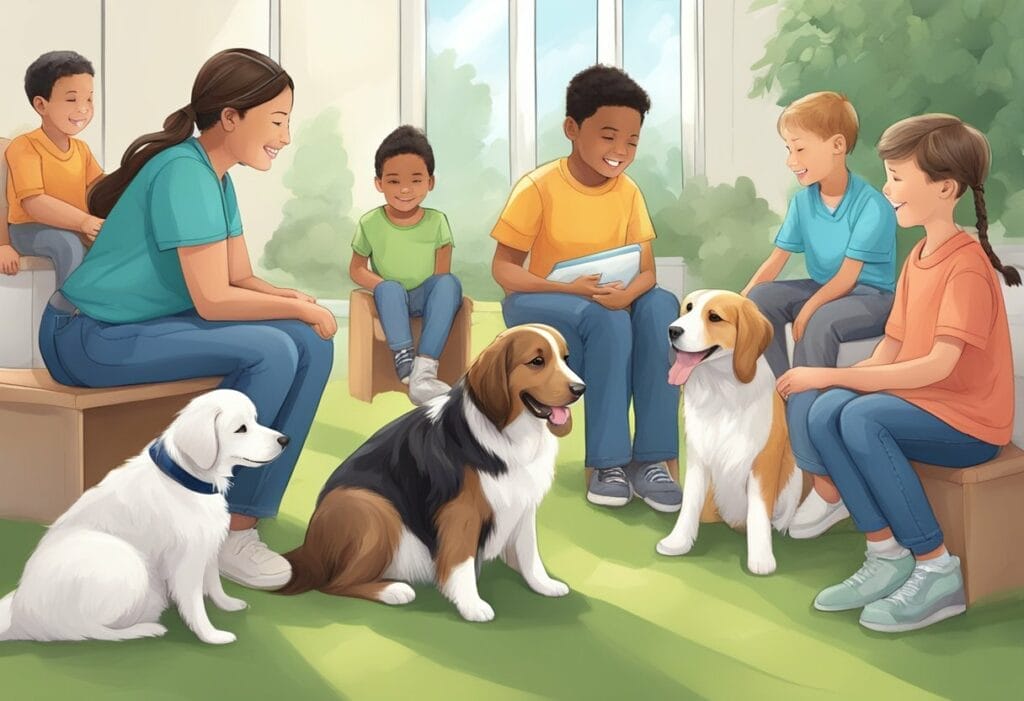 Illustration of children sitting around dogs.