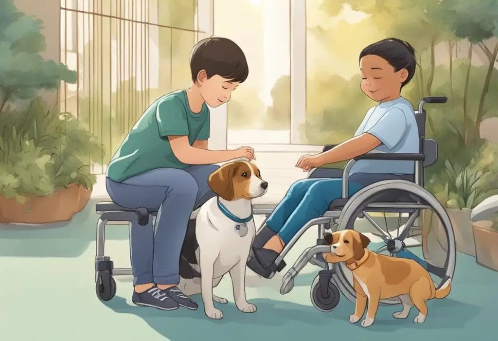 Illustration of disabled children with dogs.