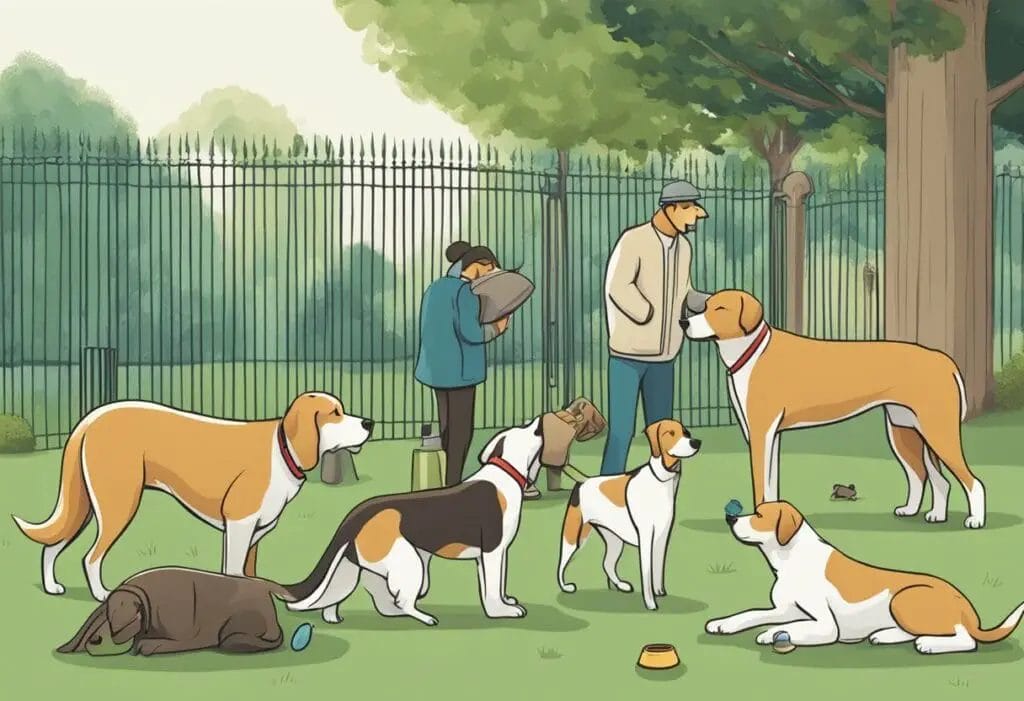 Illustration dogs in the park with the owners.