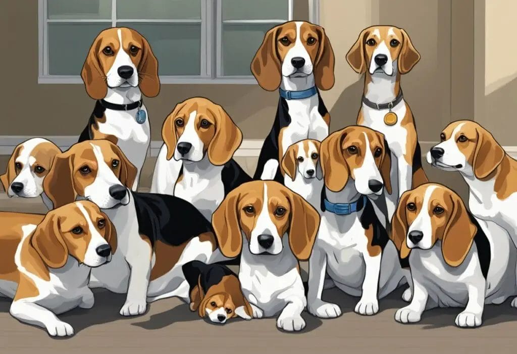 Illustration of several Beagles sitting.