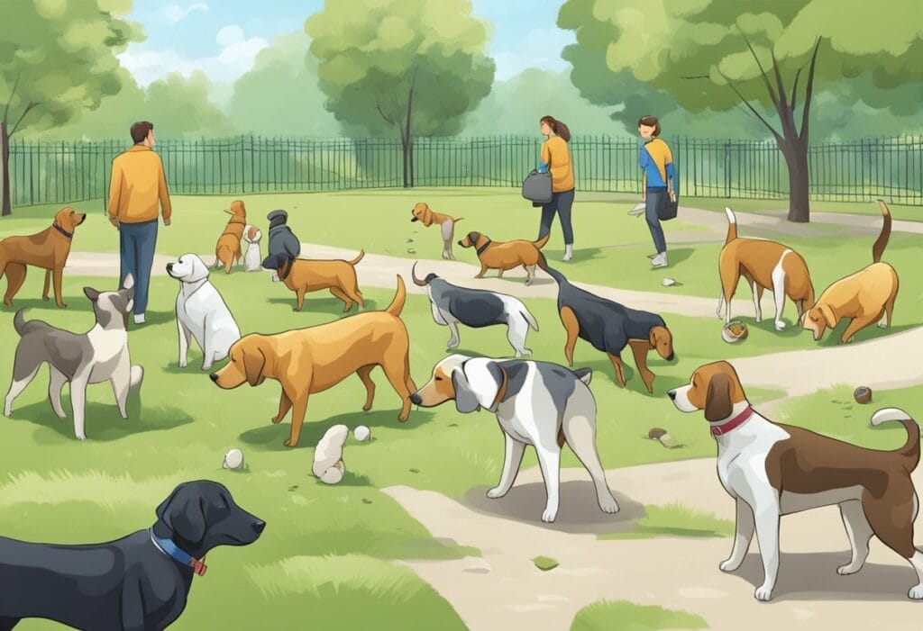 Illustration several dogs in the park sniffing around.