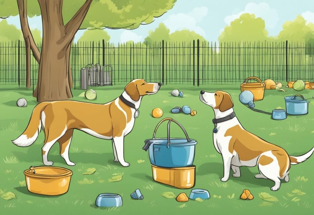Illustration two dogs in the park with several toys and sniffing the air.