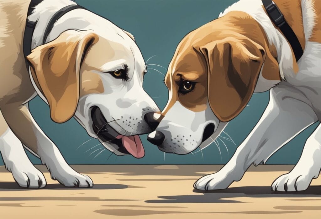 Illustration two dogs head to head looking at each other.