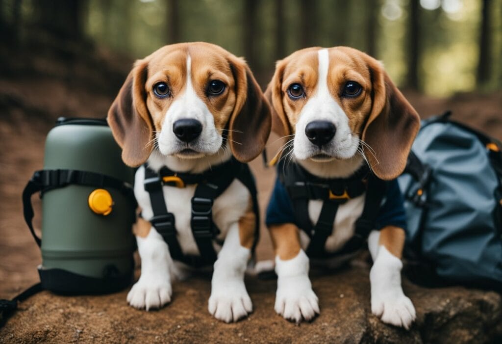 Puppy Beagles on the woods with equipment.