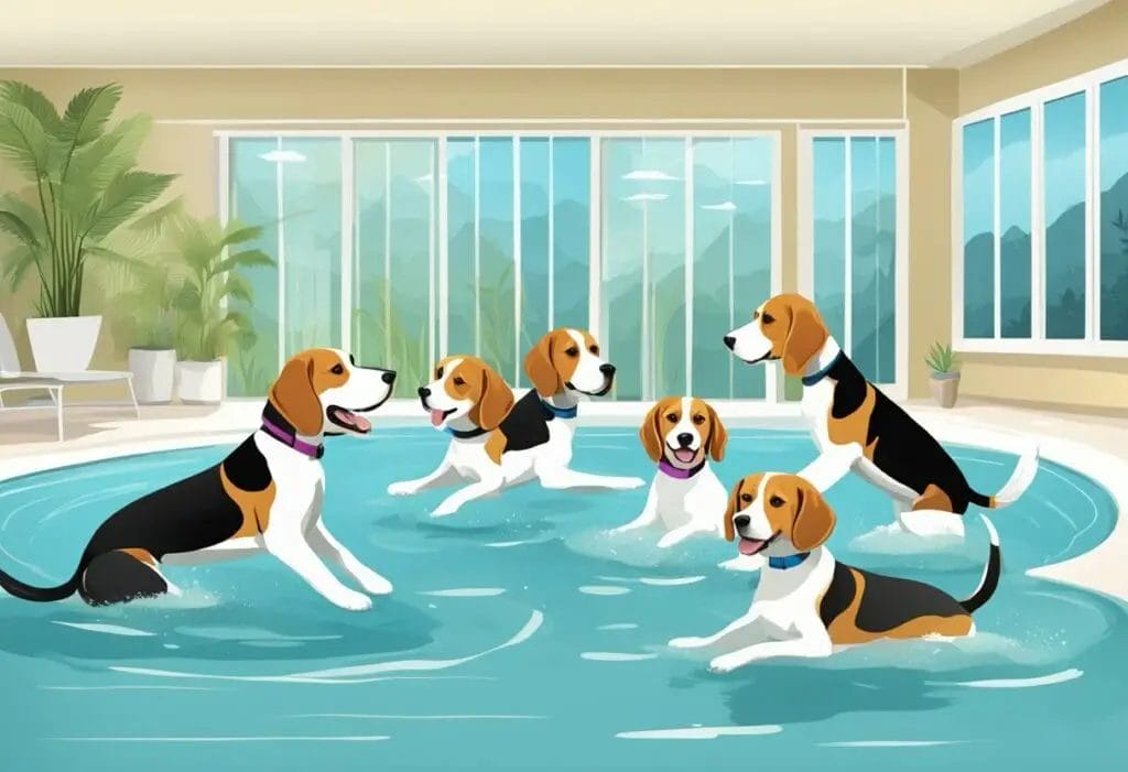 Illustration of several beagles in a swimming pool.