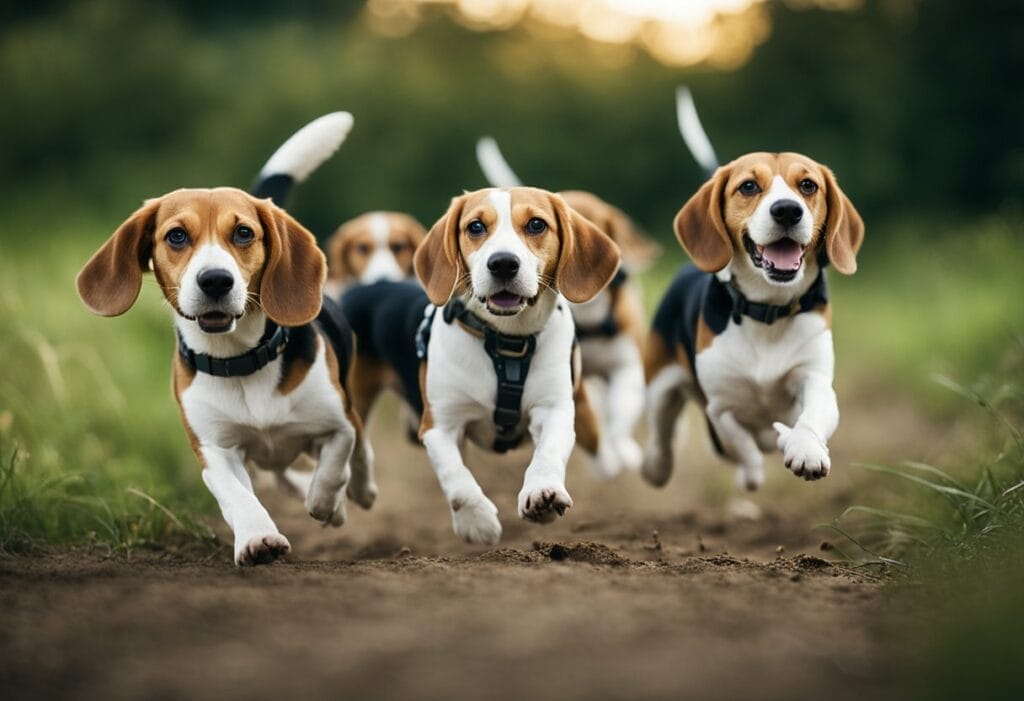 Several BEagles running outside looking for something.