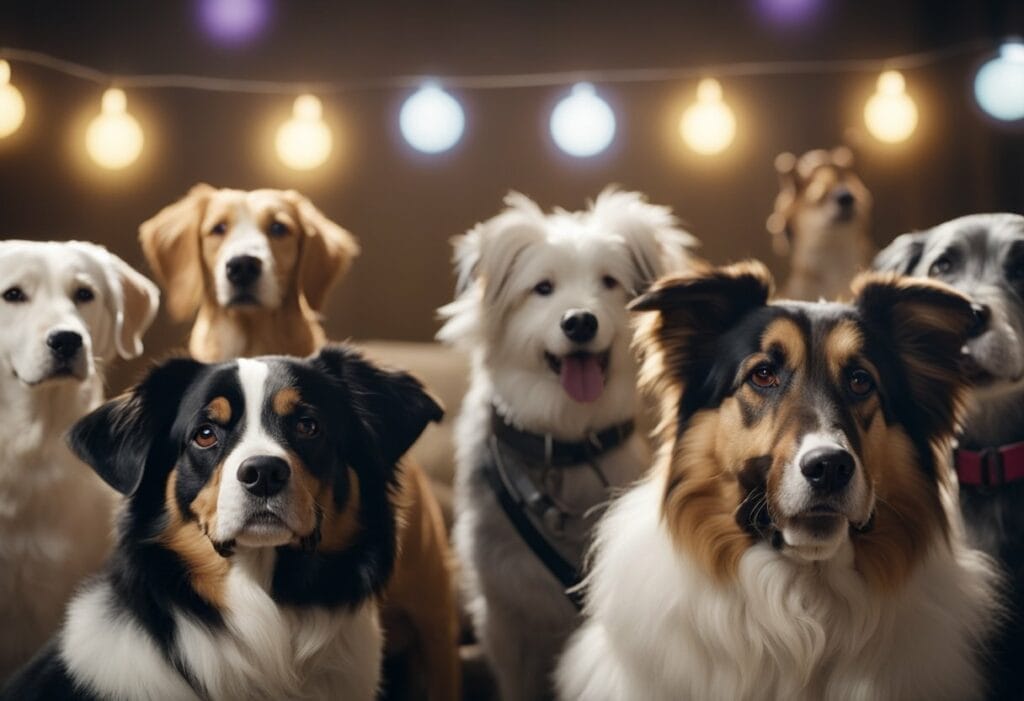 Several dogs watching a concert.
