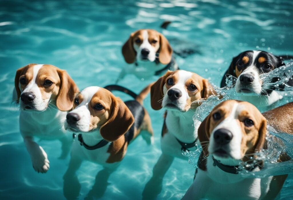 6 Beagles swimming in a swimming pool.