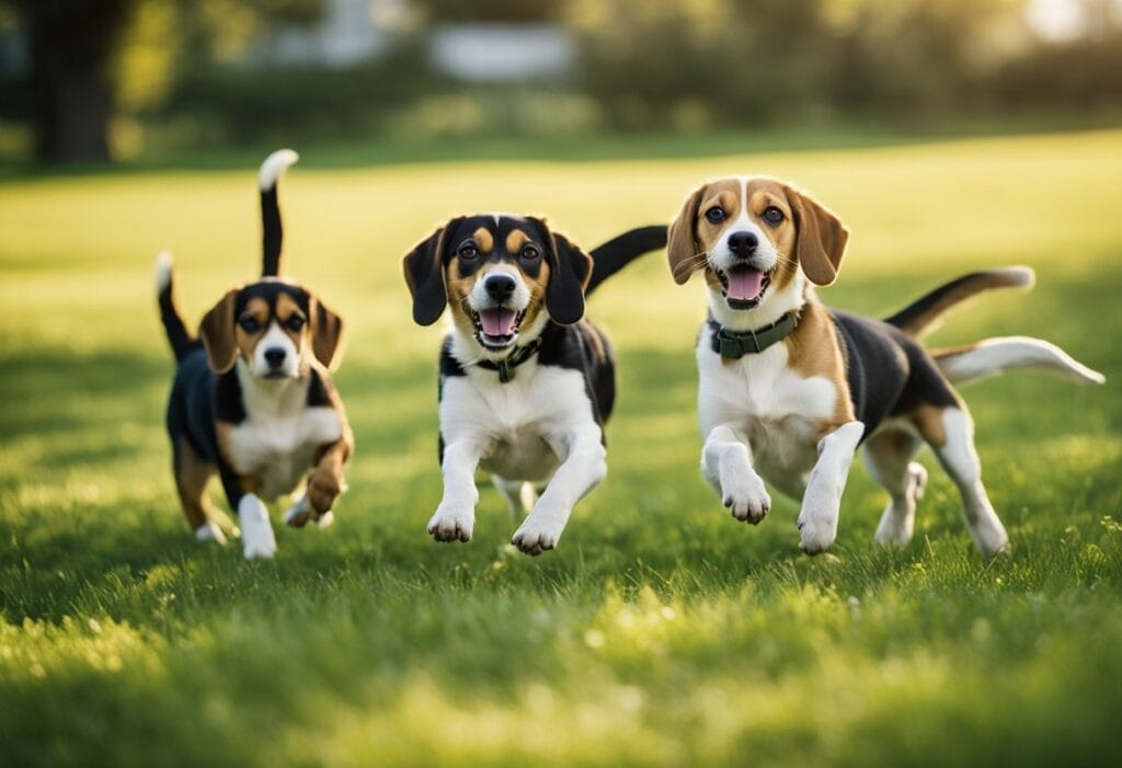 Three beagles running in the grass.