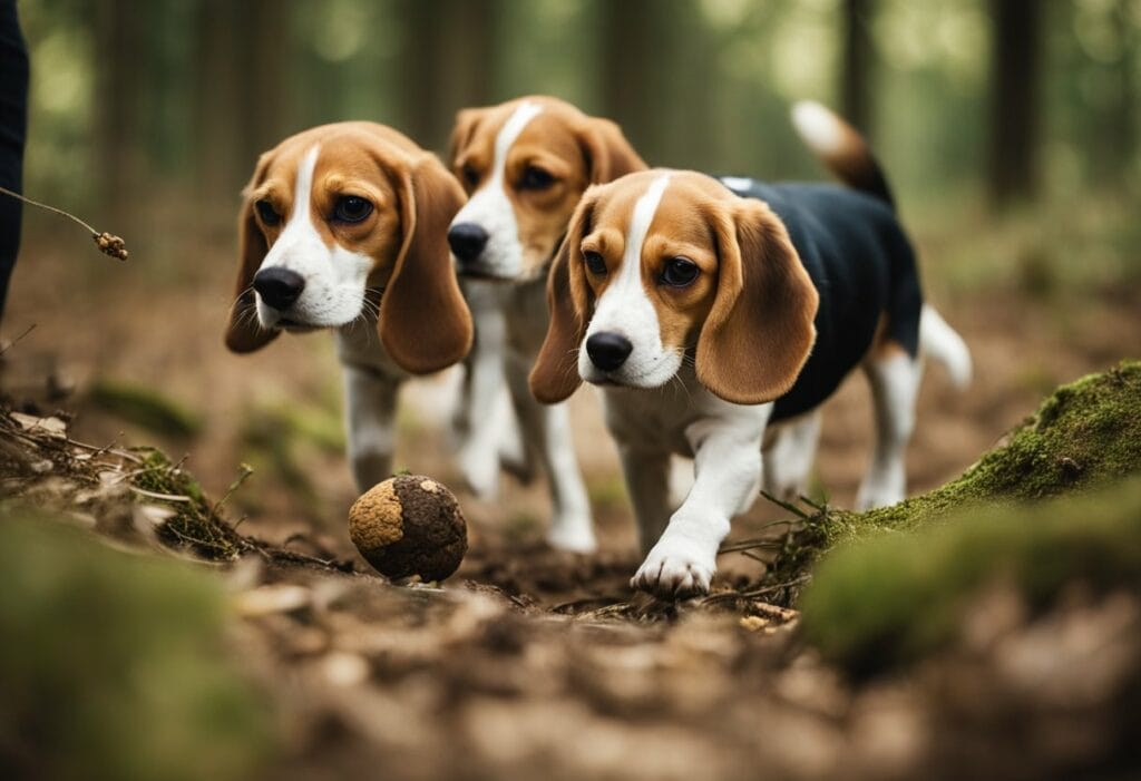 Three Beagles searching for truffles in the woods.
