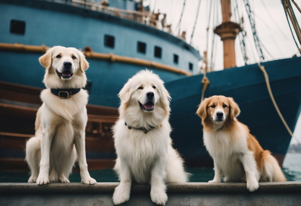 Three dogs in front of a blue boat.