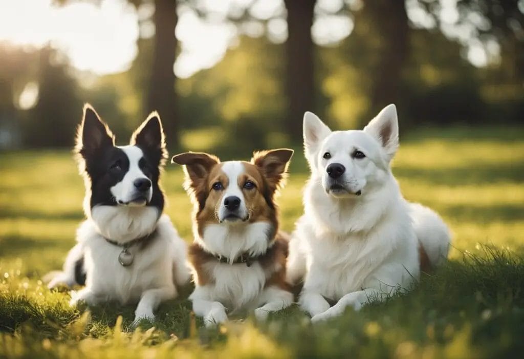 Three dogs laying down on the grass.