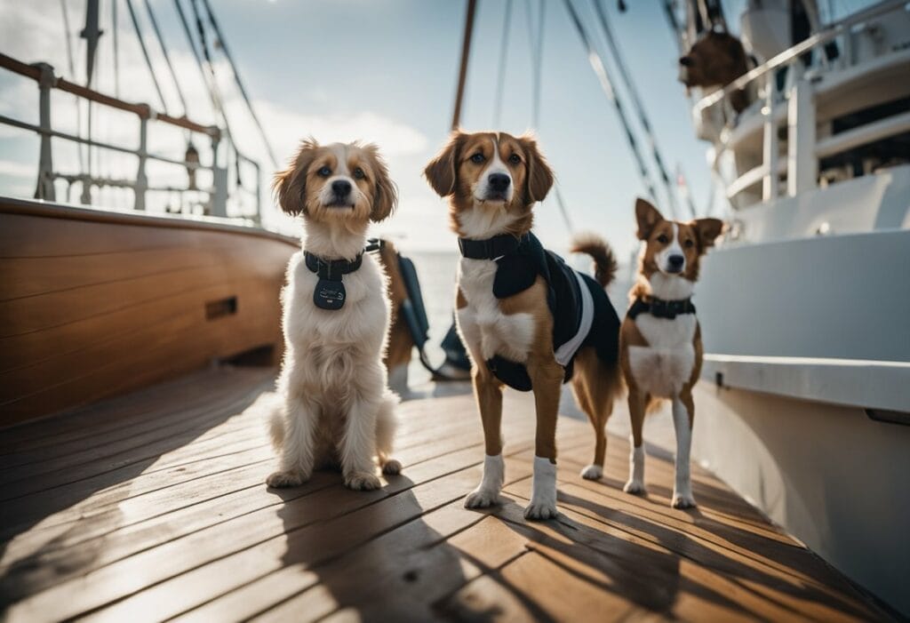 Three dogs on a boat deck