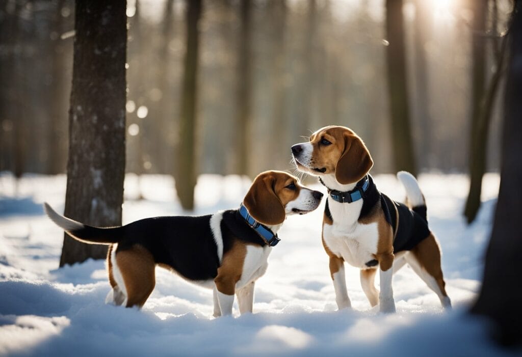 Two Beagles outside in the snow.