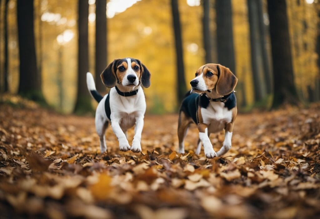 Two Beagles walking in the woods.