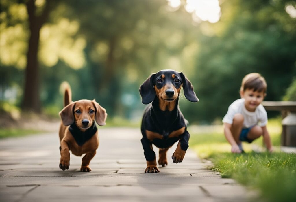 Two dachshunds and a kid.
