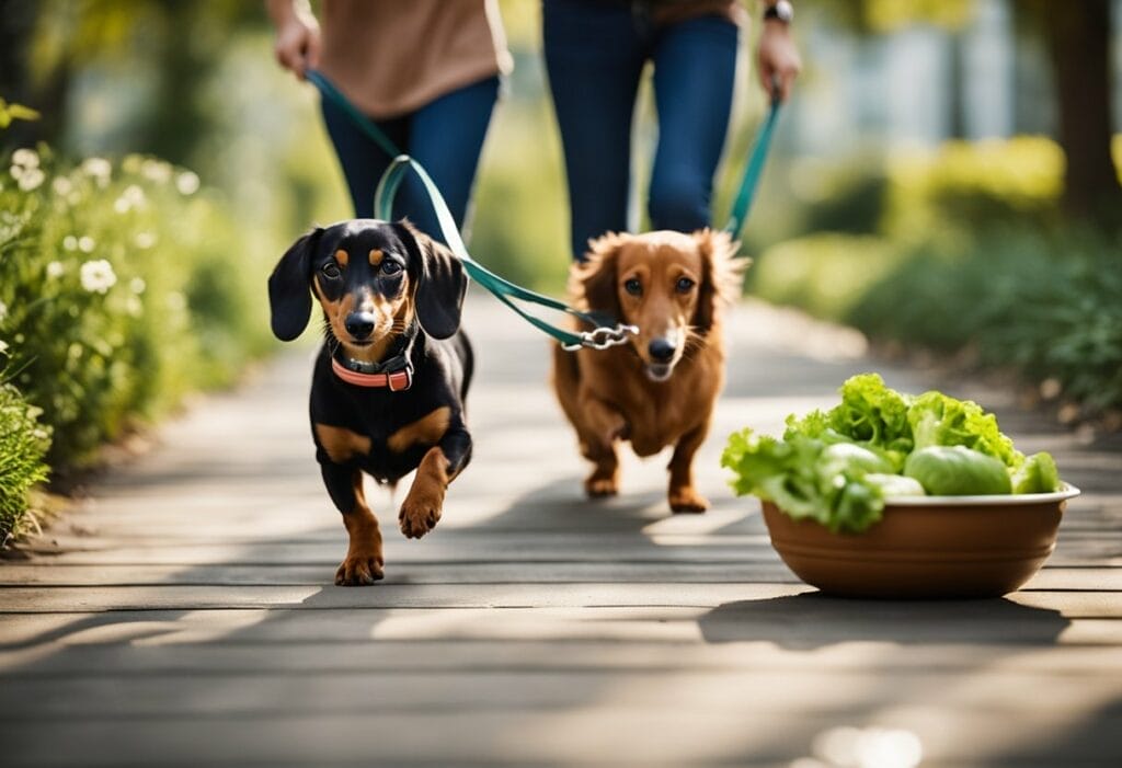 Dachshund walking with the owners.